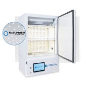 Algae Growth Chamber - Benchtop model (31" wide), with (2) tiers of horizontal SciWhite LED lighted shelving (440 µmoles/m2/s of light irradiance measured at 6” from the LEDs, standard dimmable from 10%-100% in 1% increments).  Chamber has horizontal air 