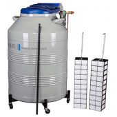 ABS Auto Jr autofill tank. Vial Capacity: 6,000. Includes: (6) racks; Max Rack, 6' Transfer Hose; Rollerbase; (70) 81/100 cell Cardboard Boxes; CryoGloves, LLMR