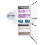 Dual Compartment Algae Growth Chamber.  (33.5" wide),  (2) lighted tiers per compartment with SciWhite LED lighted shelving (350 µmoles/m2/s of light irradiance measured at 6” from the LEDs, standard dimmable from 10%-100% in 1% increments).  Temp range: 