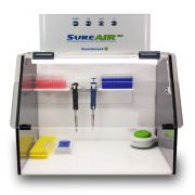 SureAir™ PCR Workstation. HEPA Filter and UV light reduce contamination; 22 x 16″ footprint; Includes cable access port, pipette holder, and shelf. Provides ISO 5 level clean conditions. Two year warranty.